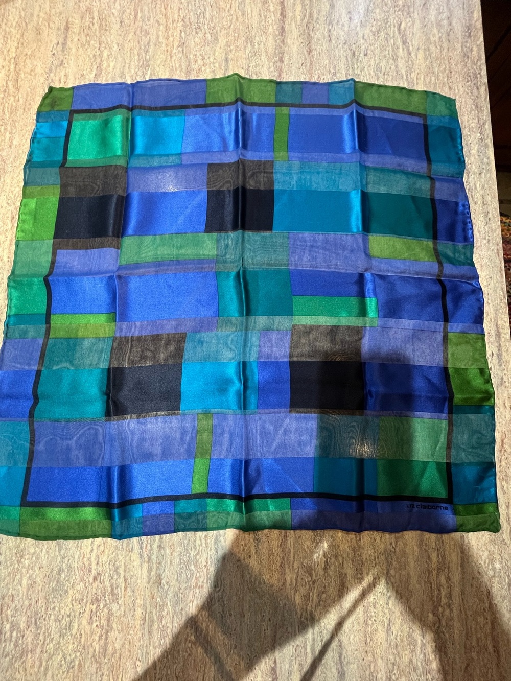 Liz Claiborne Blue, Teal & Green Plaid Silk Scarf NWOT